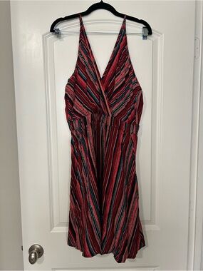 Red Striped V-Neck Mini Dress with Adjustable Spaghetti Straps